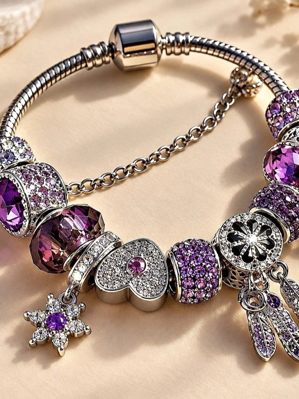 Purple & Silver Charm Bracelet Like New
